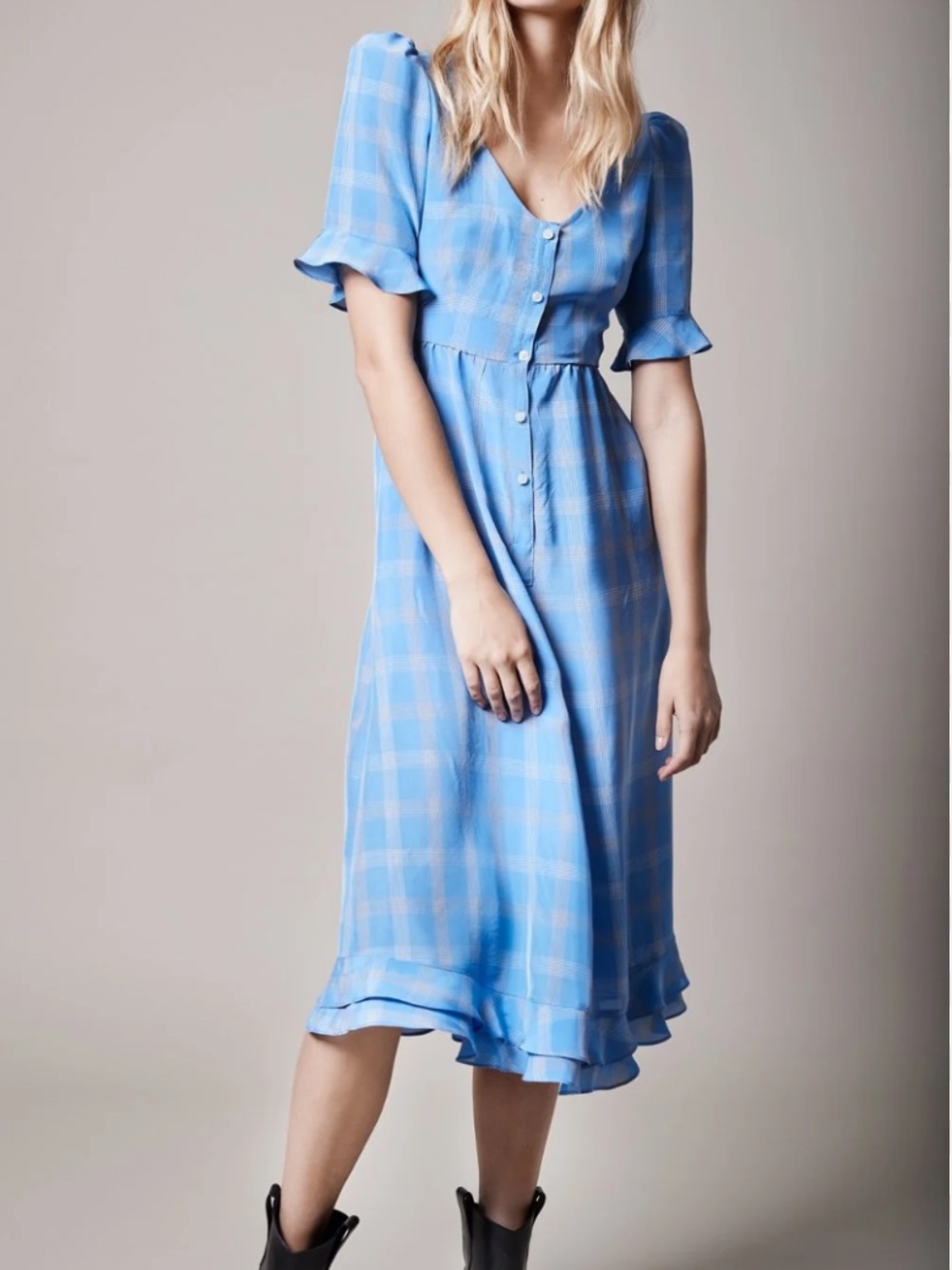 Smythe Light Blue Plaid Midi Dress